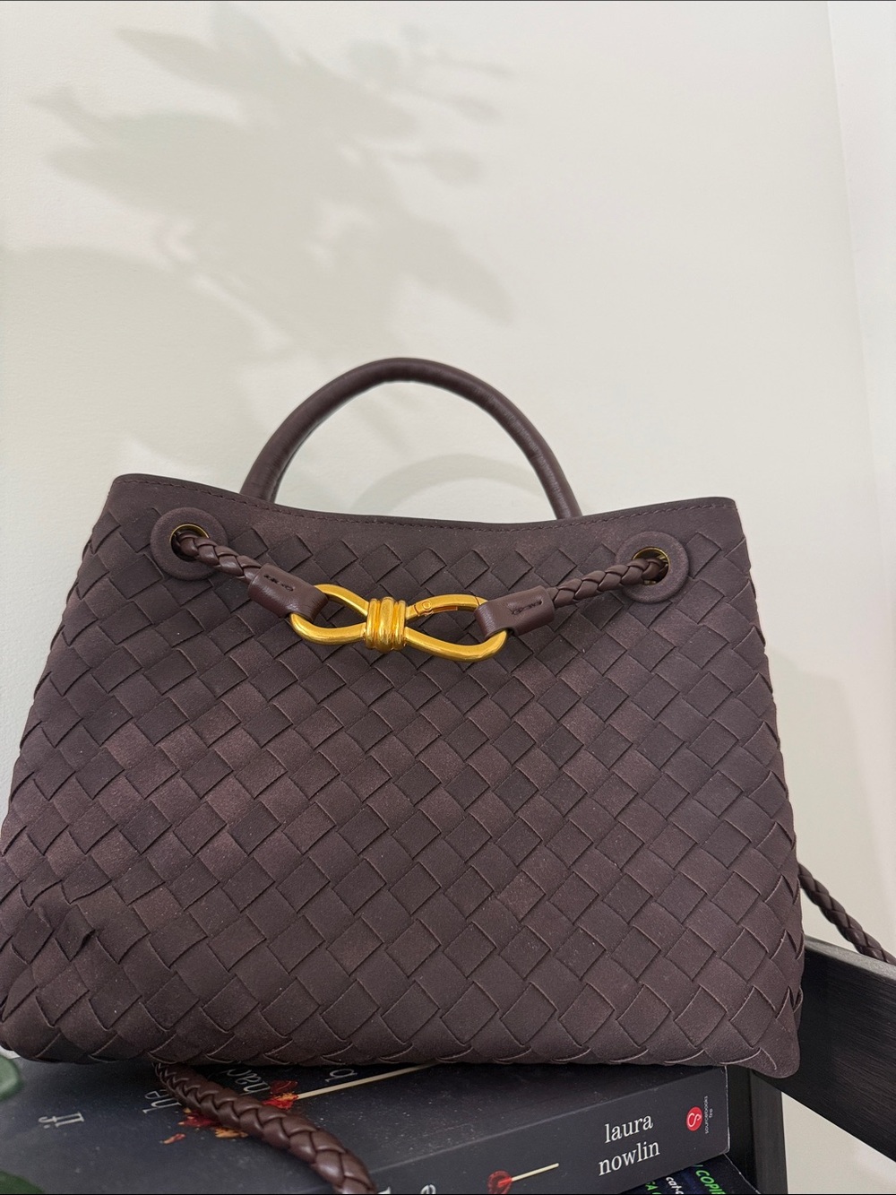 Amazon Dark Brown Woven Tote with Gold Knot Accent